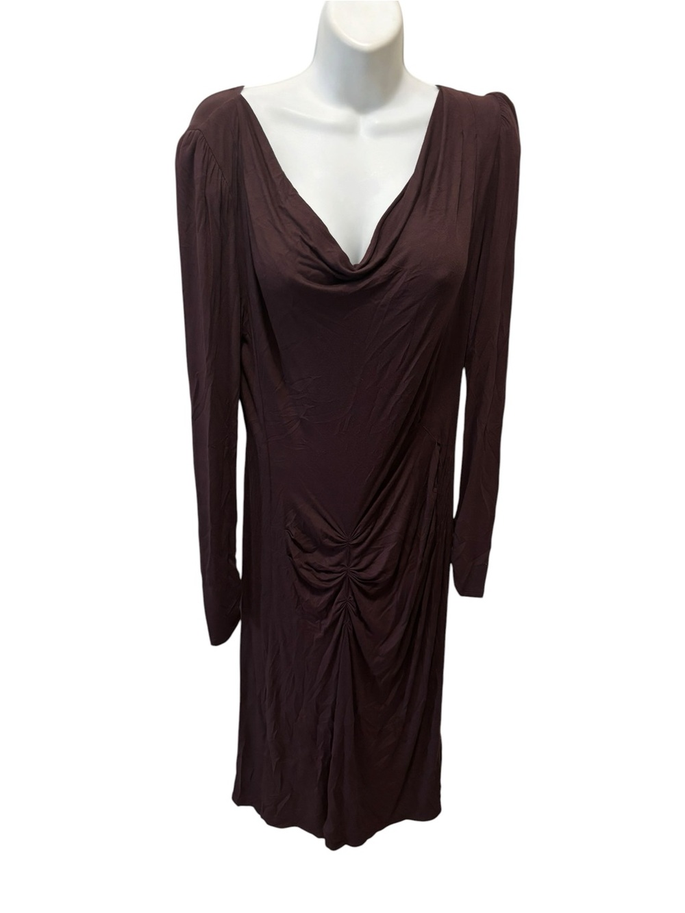 Peruvian Connection D'Orsay MIDI Dress Sz M Draped Cowl Neck Long Sleeve Ruched